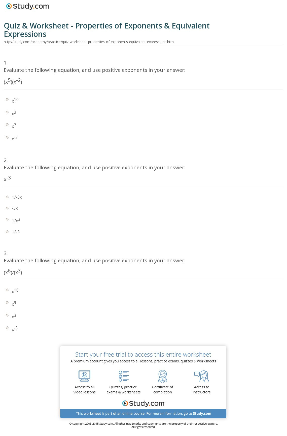 Quiz  Worksheet  Properties Of Exponents  Equivalent