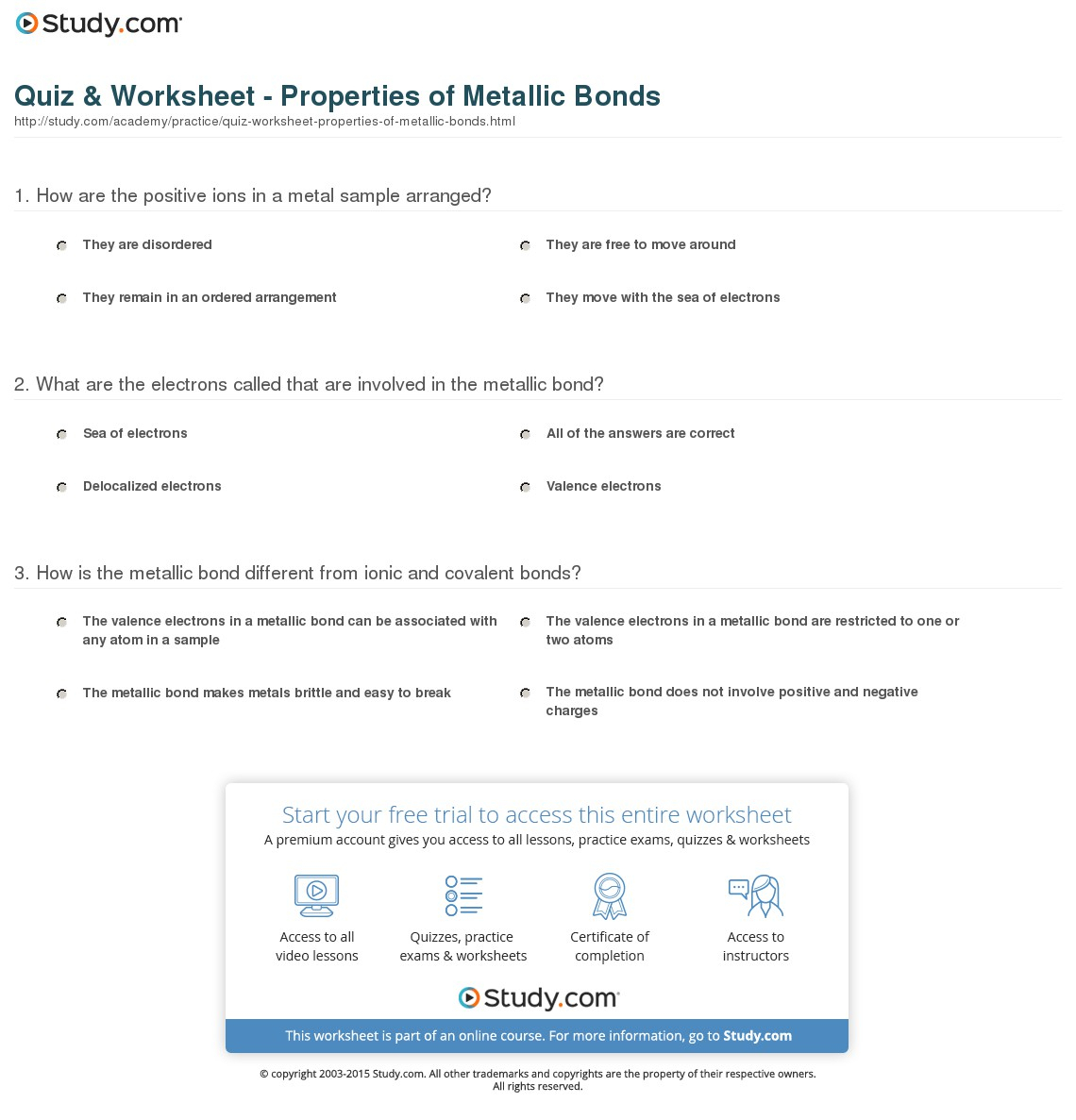 Quiz  Worksheet  Properties Of Metallic Bonds  Study