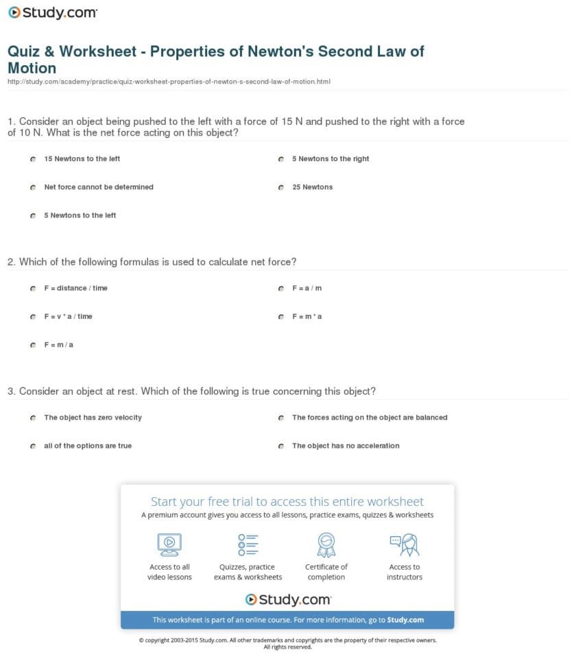 Quiz  Worksheet  Properties Of Newton's Second Law Of