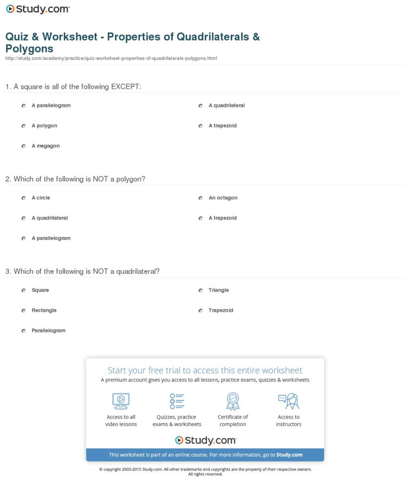 Quiz  Worksheet  Properties Of Quadrilaterals  Polygons