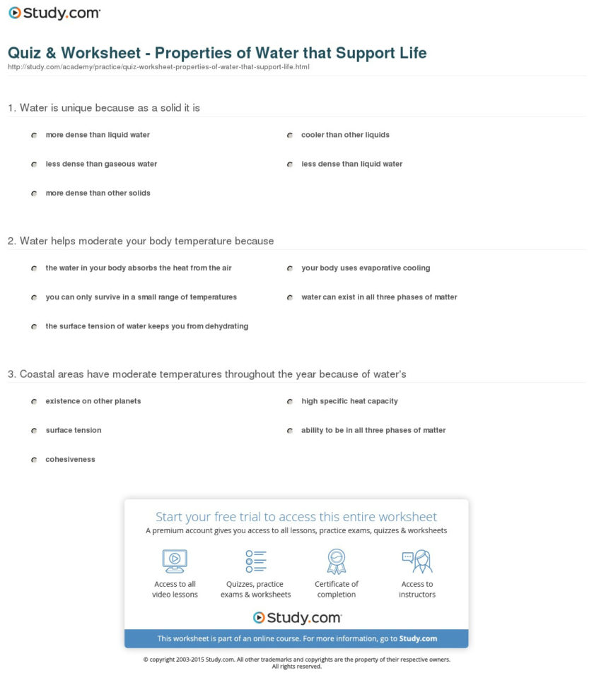 Quiz  Worksheet  Properties Of Ter That Support Life