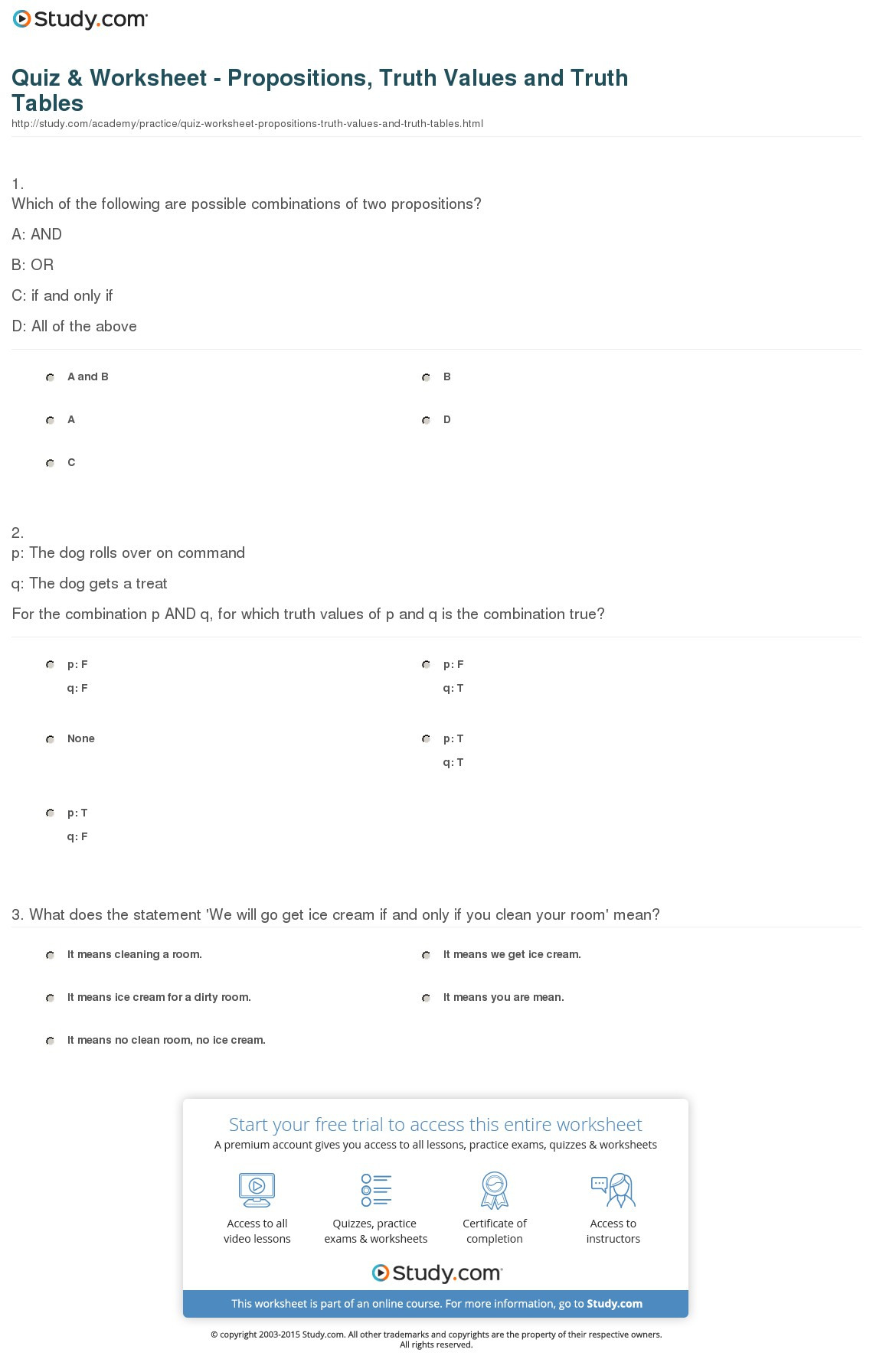 Quiz  Worksheet  Propositions Truth Values And Truth