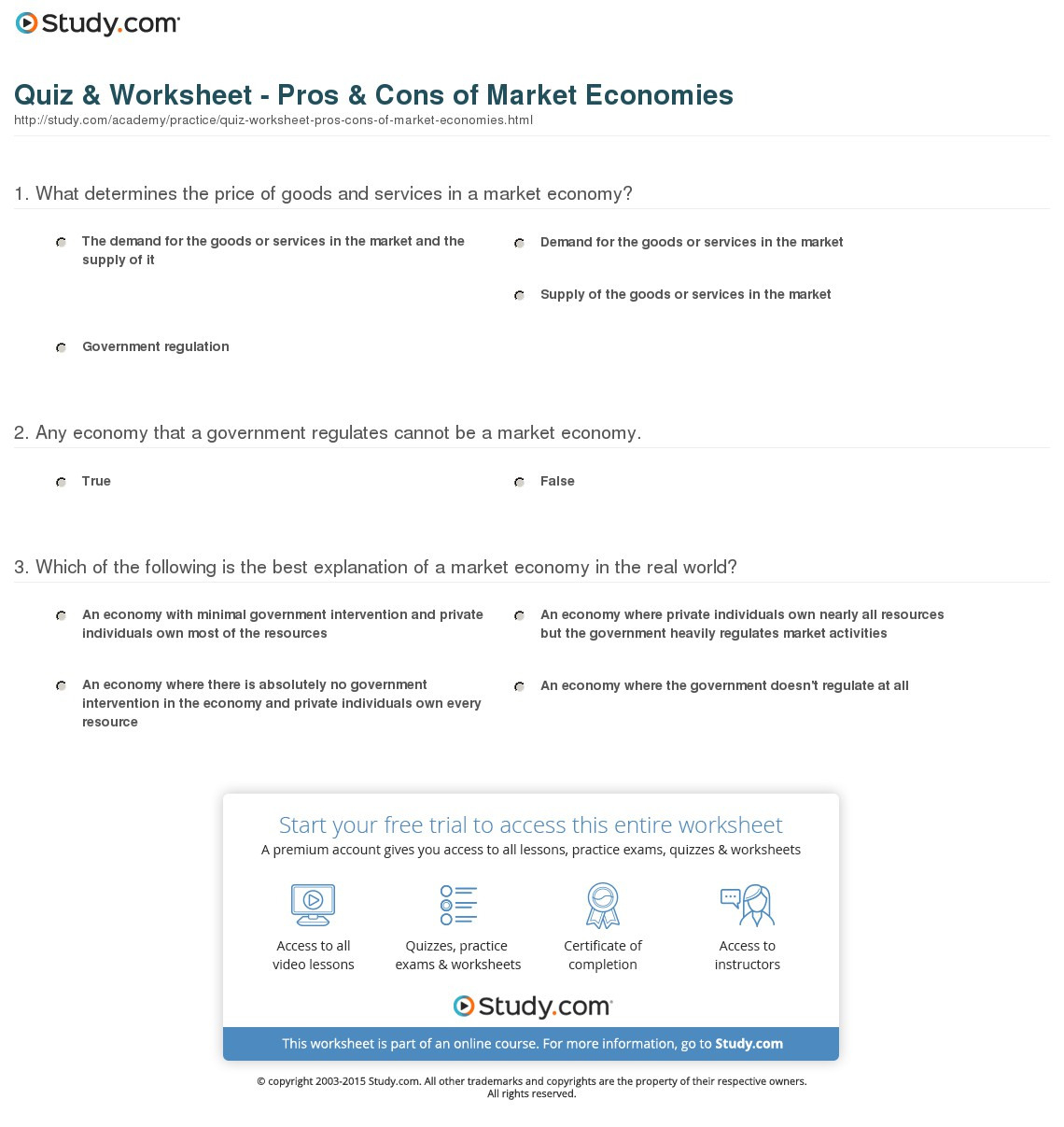 Quiz  Worksheet  Pros  Cons Of Market Economies  Study