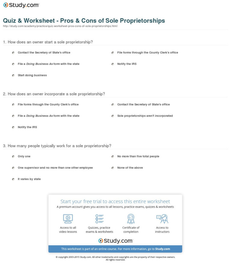 Quiz Worksheet Pros Cons Of Sole Proprietorships — db-excel.com