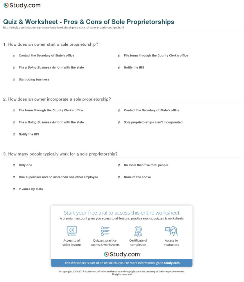 Quiz  Worksheet  Pros  Cons Of Sole Proprietorships