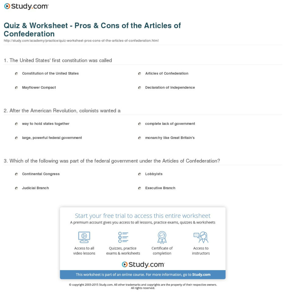 Quiz  Worksheet  Pros  Cons Of The Articles Of