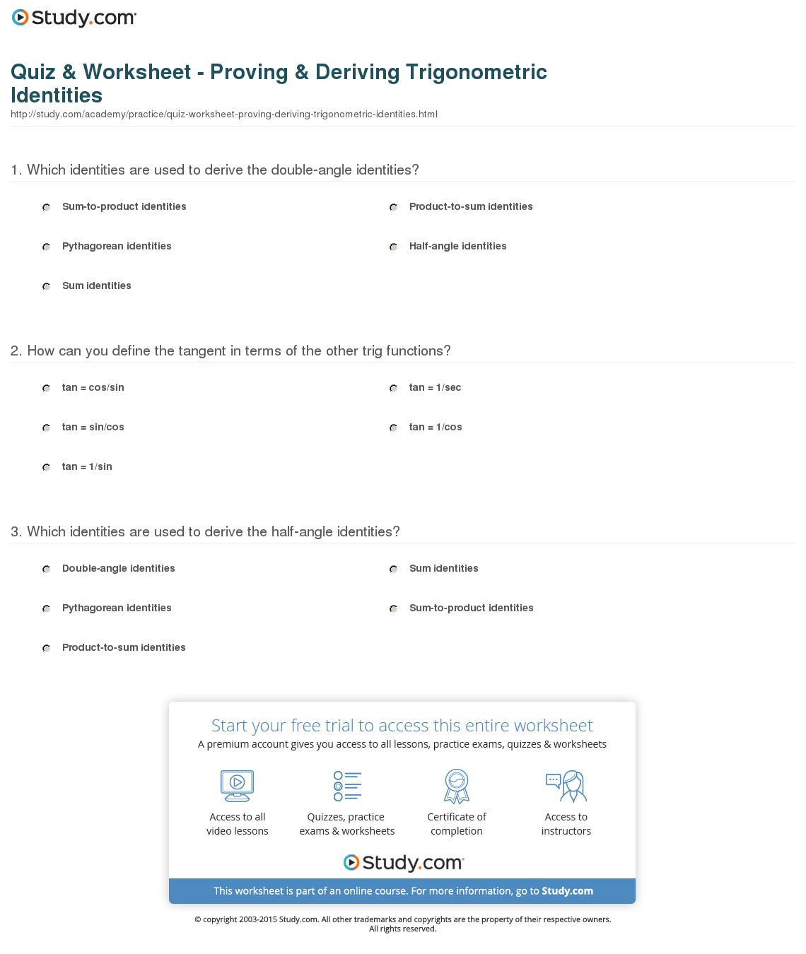 Quiz  Worksheet  Proving  Deriving Trigonometric