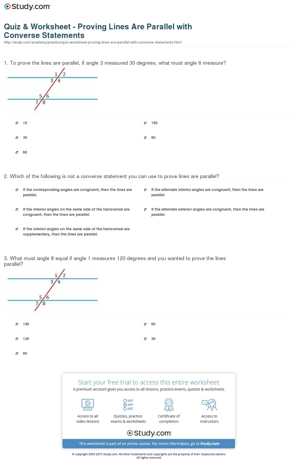 Quiz  Worksheet  Proving Lines Are Parallel With Converse