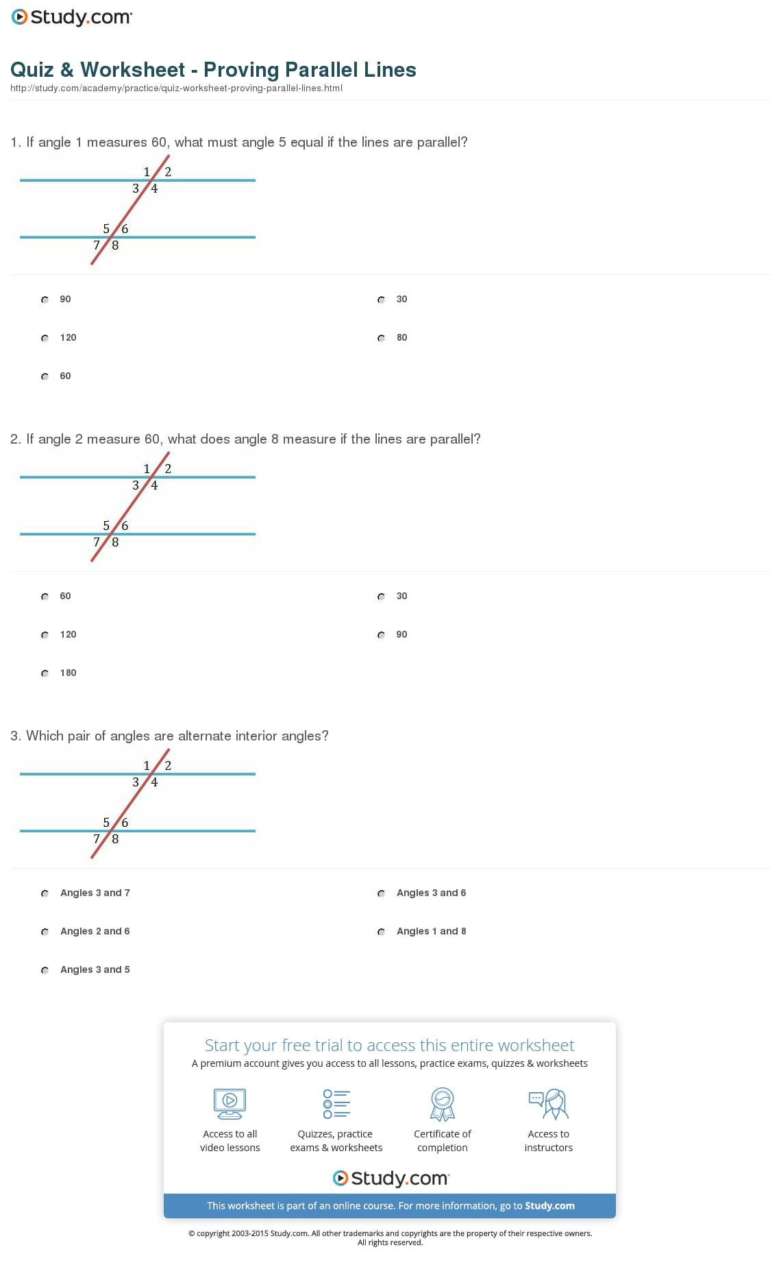Quiz  Worksheet  Proving Parallel Lines  Study