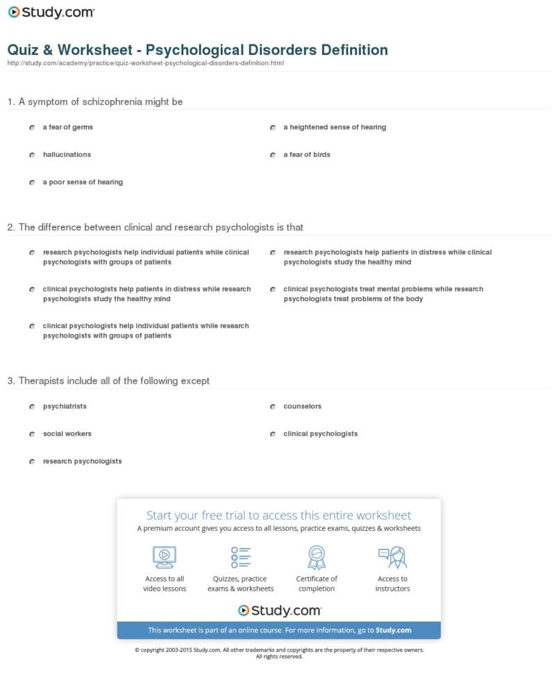 Quiz  Worksheet  Psychological Disorders Definition
