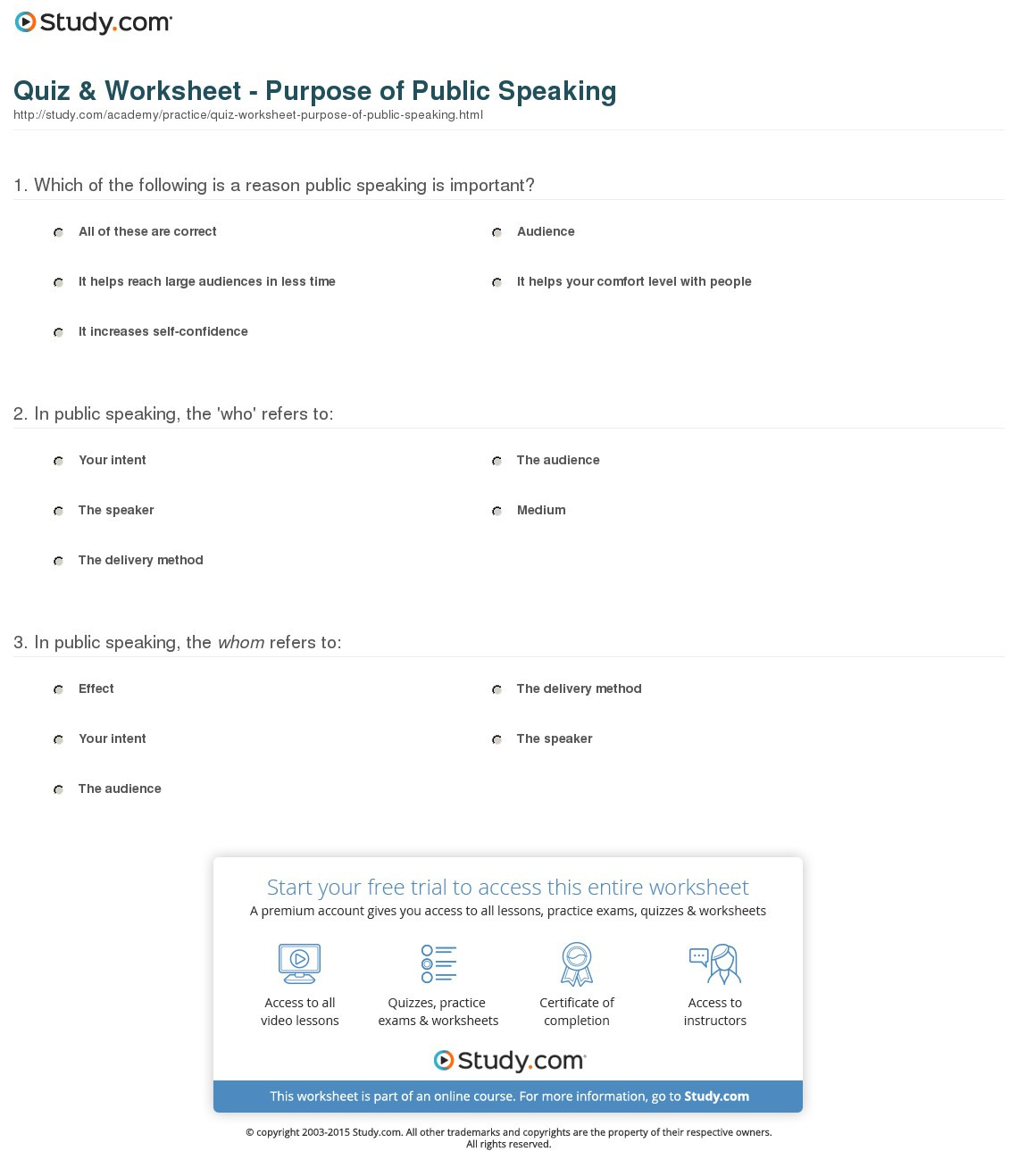 Quiz  Worksheet  Purpose Of Public Speaking  Study