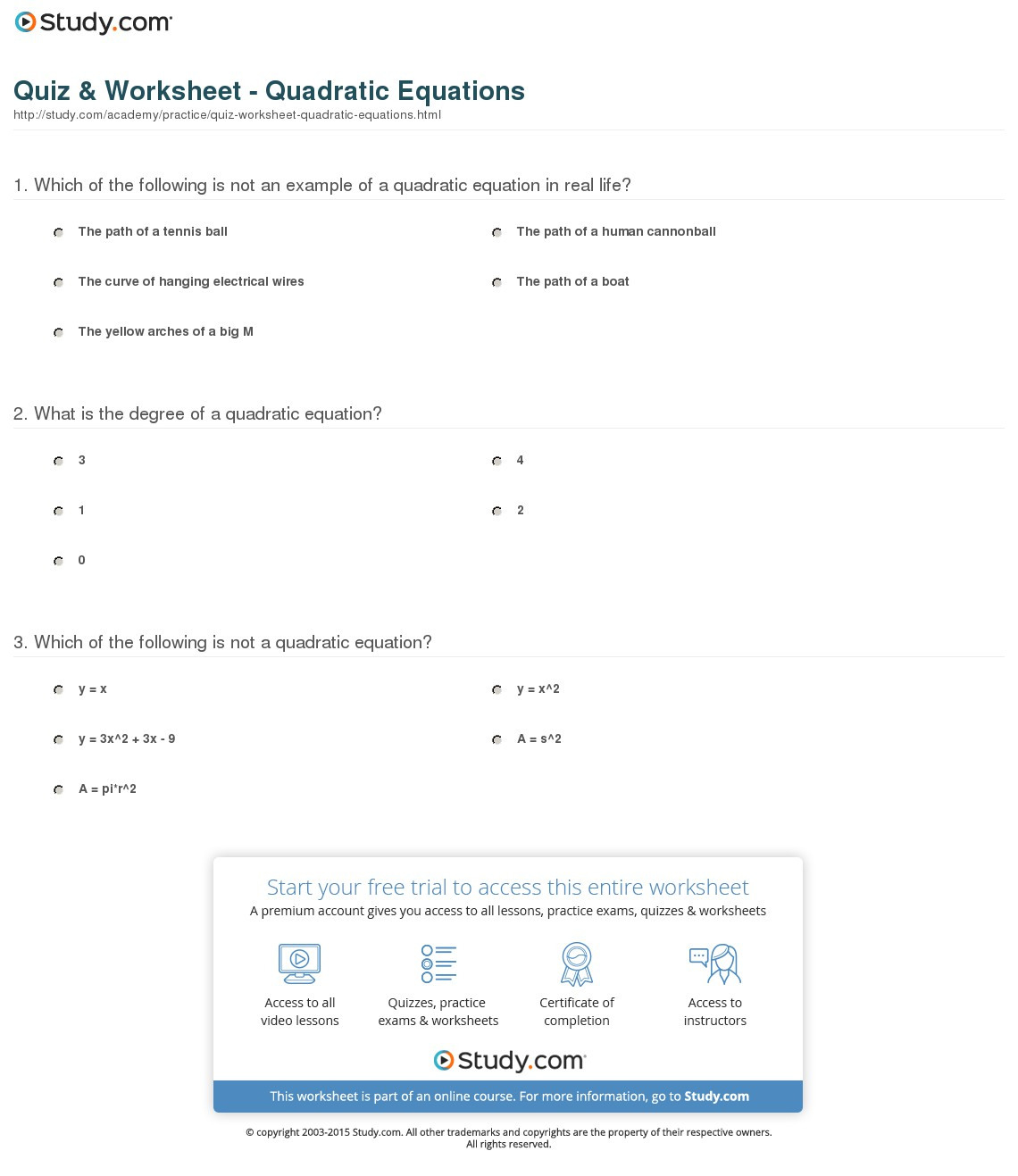 Quiz  Worksheet  Quadratic Equations  Study