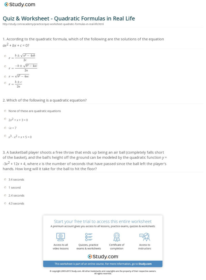 Quiz  Worksheet  Quadratic Formulas In Real Life  Study