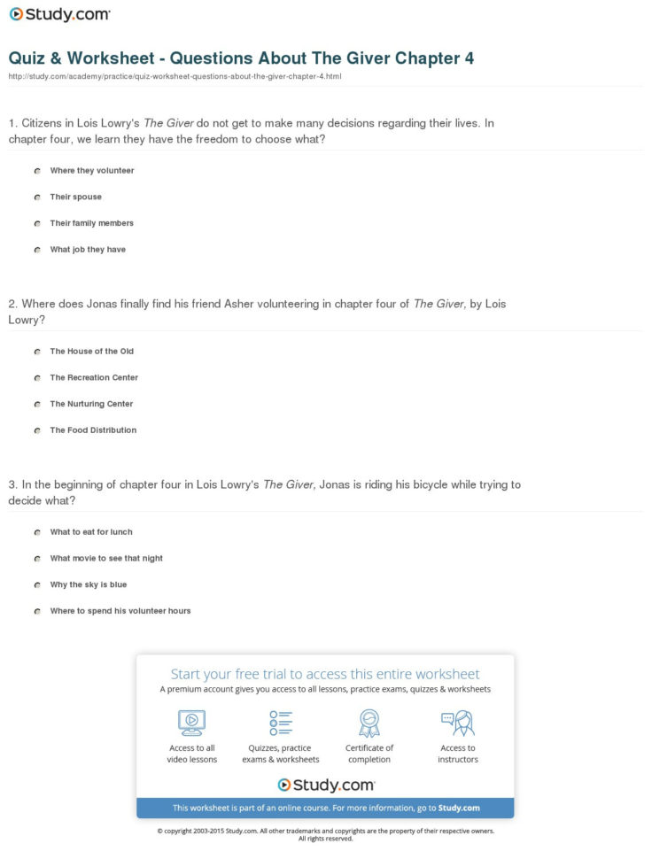 Quiz  Worksheet  Questions About The Giver Chapter 4