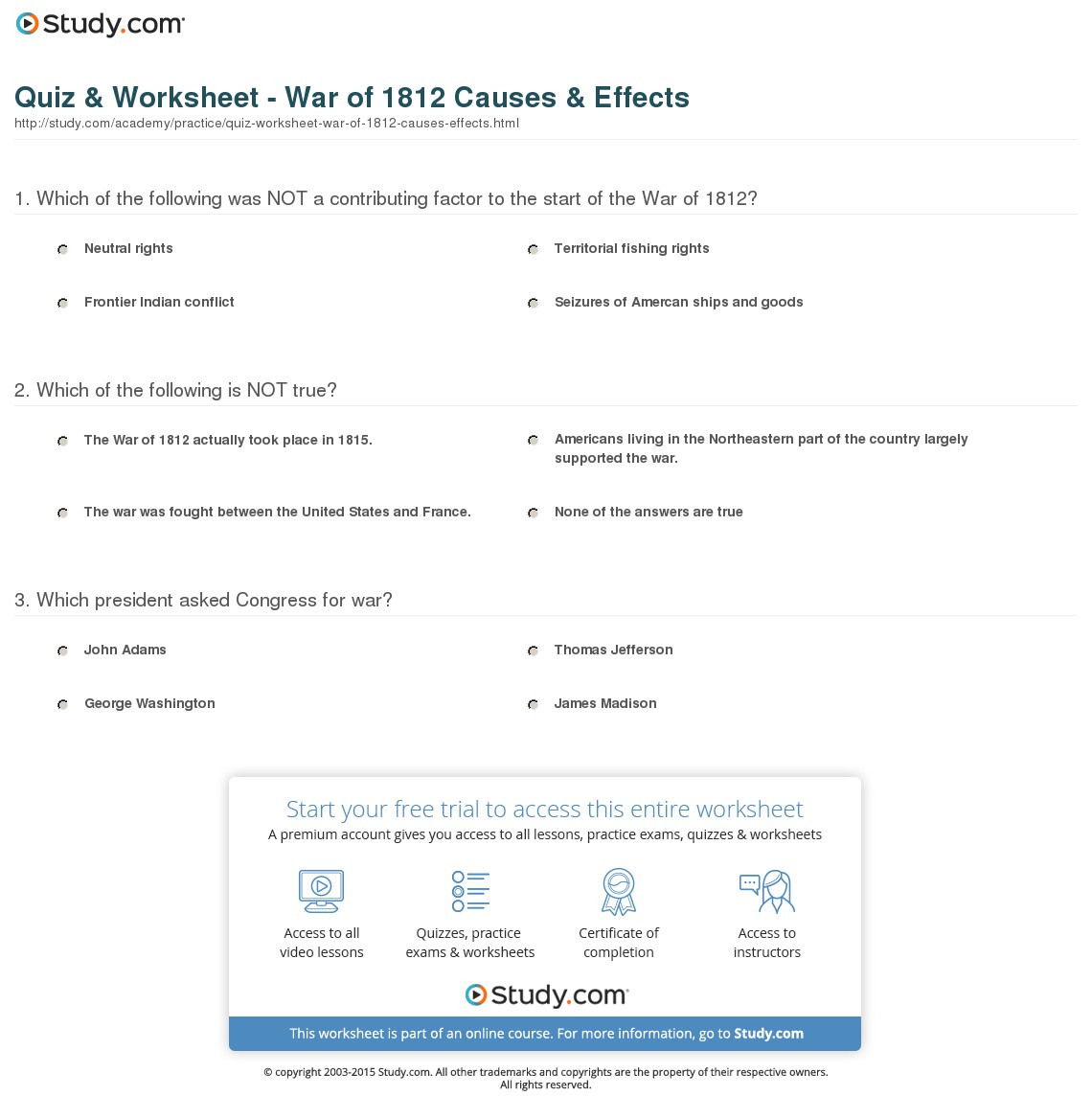 Quiz  Worksheet  R Of 1812 Causes  Effects  Study