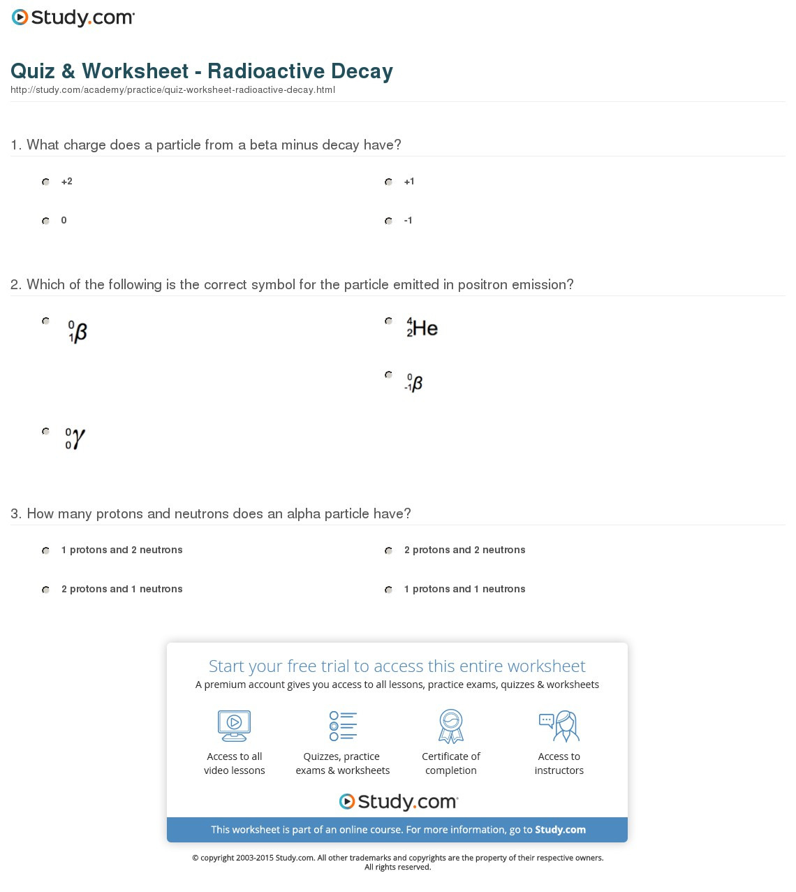 Quiz  Worksheet  Radioactive Decay  Study
