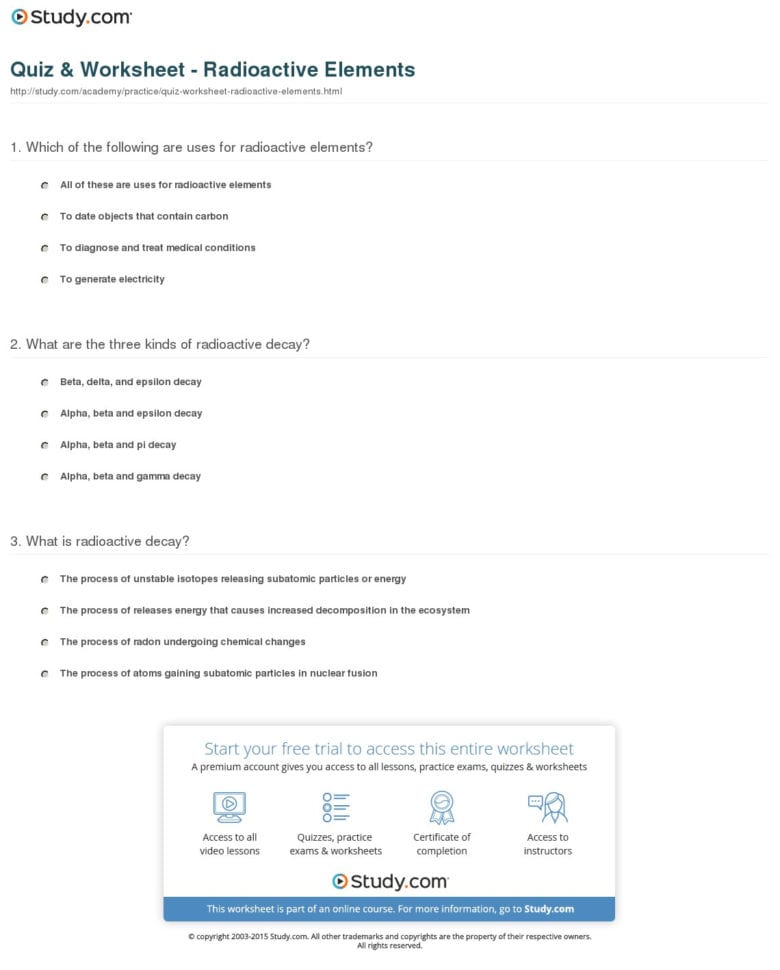 Quiz  Worksheet  Radioactive Elements  Study