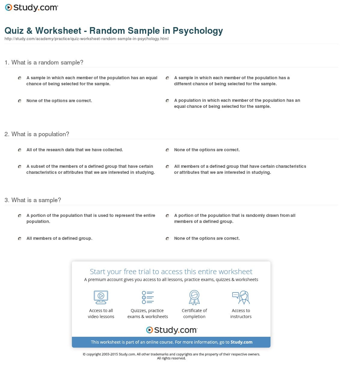 Quiz  Worksheet  Random Sample In Psychology  Study