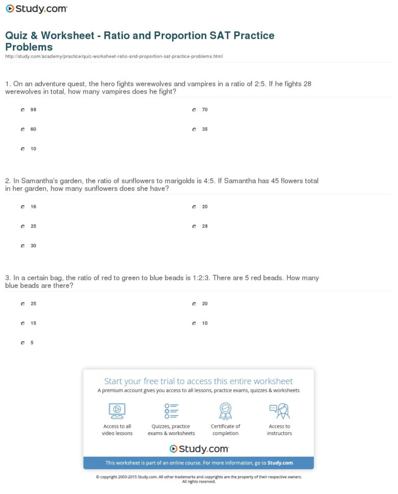 Quiz  Worksheet  Ratio And Proportion Sat Practice