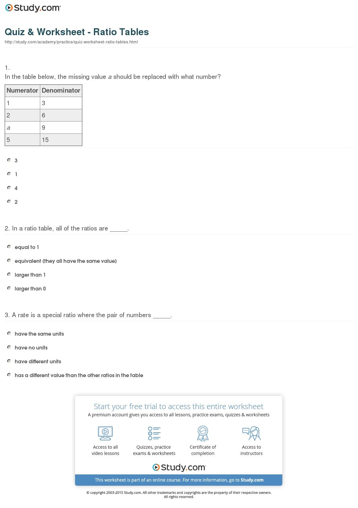 Quiz  Worksheet  Ratio Tables  Study