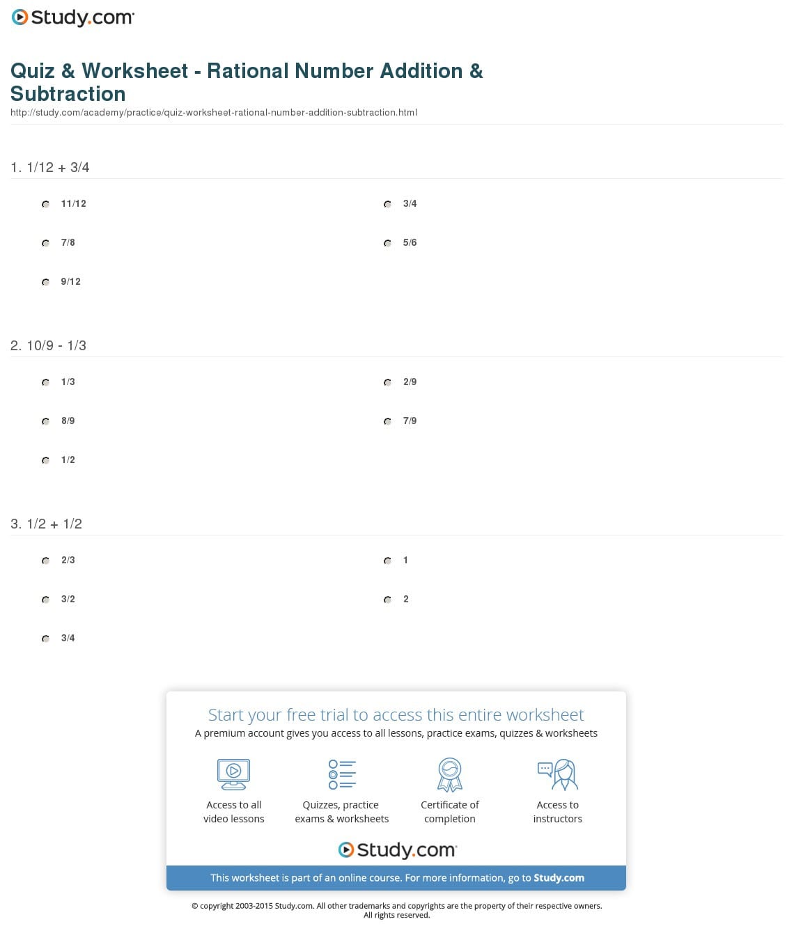 Quiz  Worksheet  Rational Number Addition  Subtraction