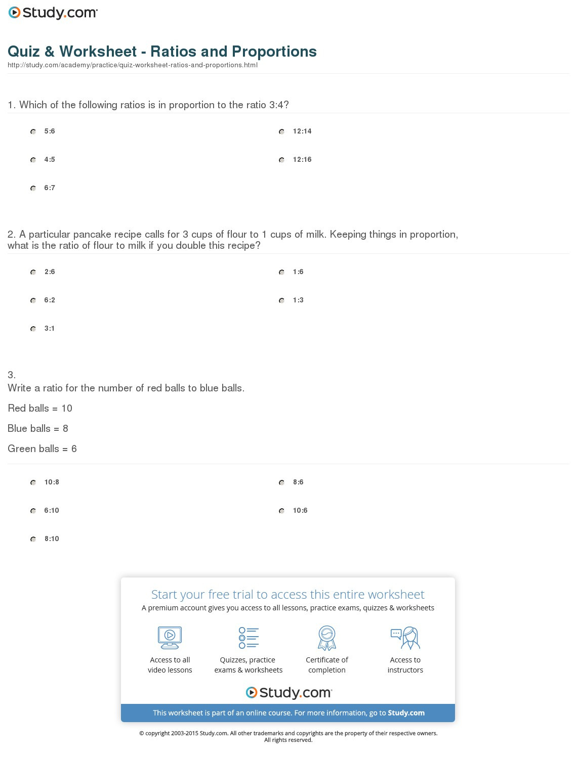 Quiz  Worksheet  Ratios And Proportions  Study
