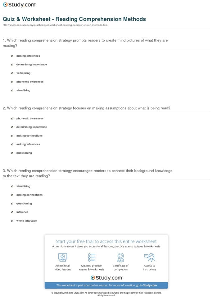 Quiz  Worksheet  Reading Comprehension Methods  Study