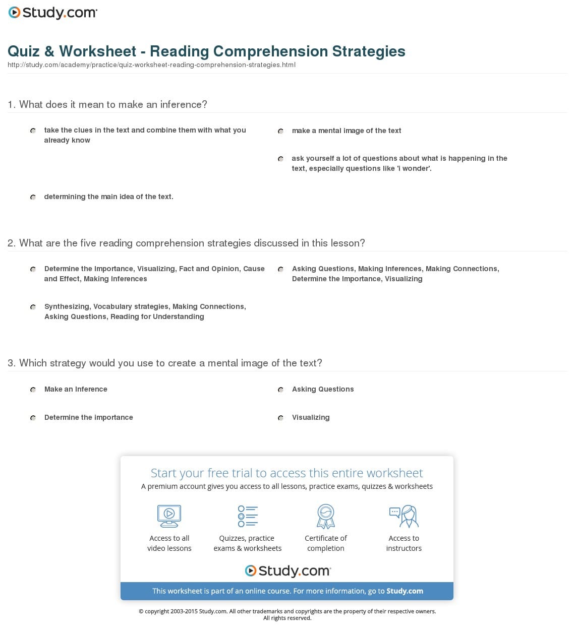 Quiz  Worksheet  Reading Comprehension Strategies  Study