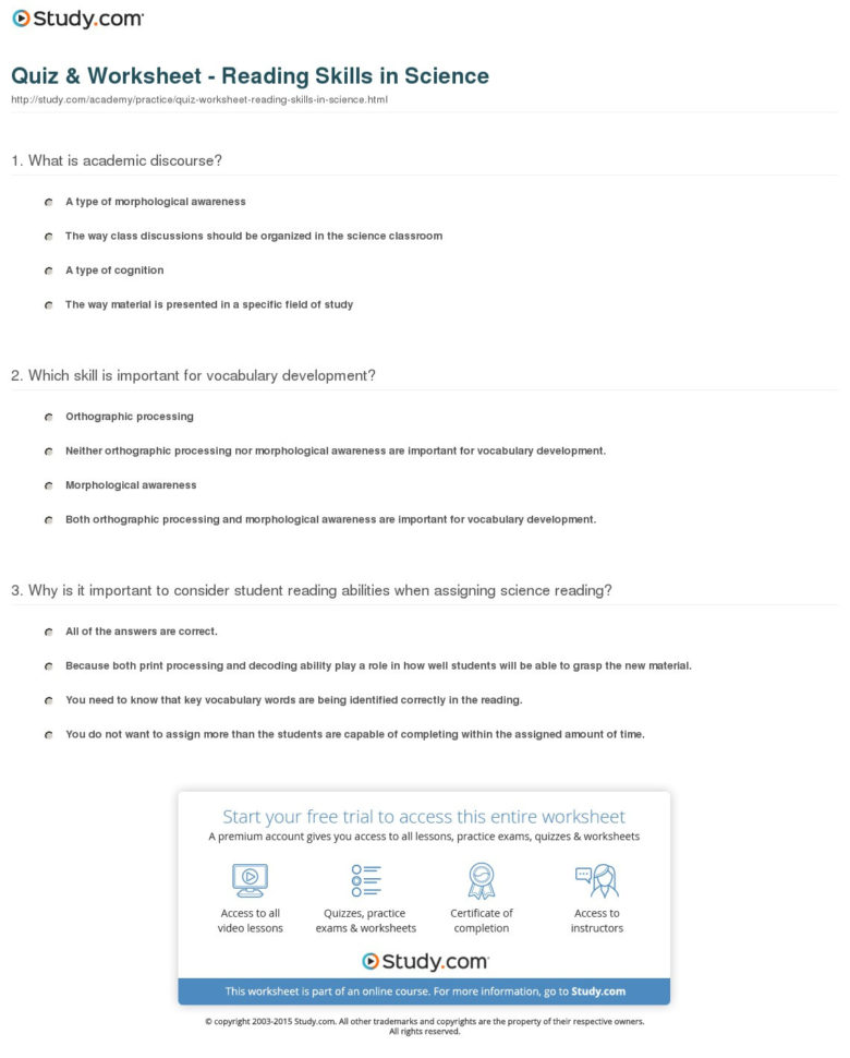 Quiz  Worksheet  Reading Skills In Science  Study