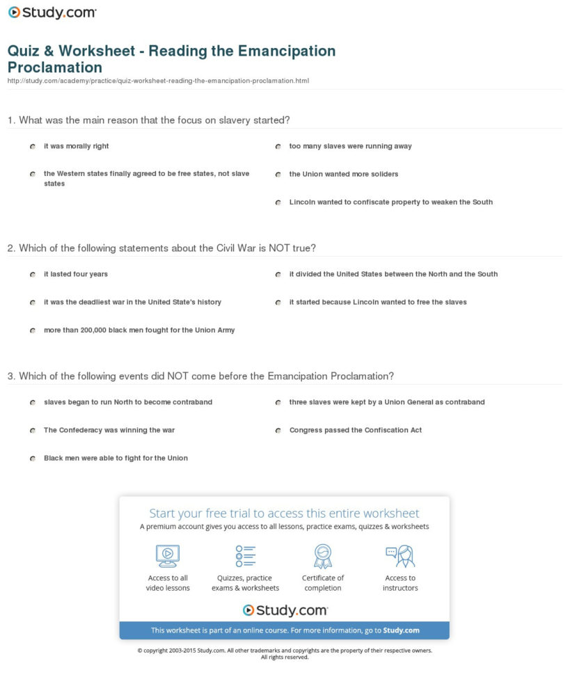 Quiz Worksheet Reading The Emancipation Proclamation — db-excel.com