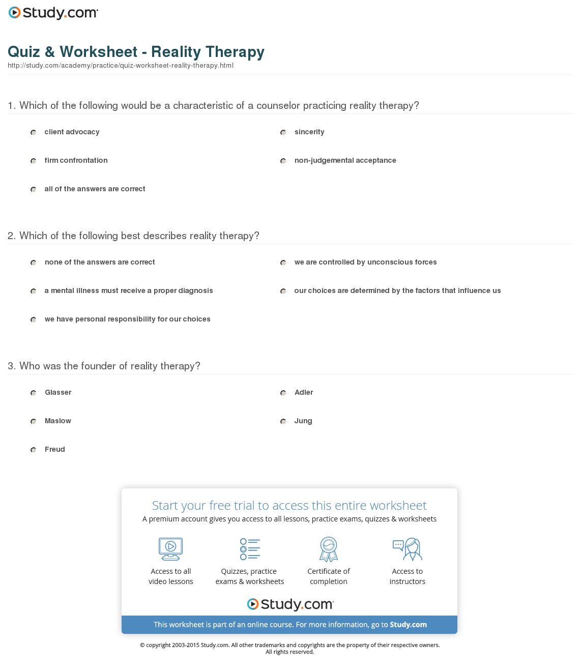 Reality Therapy Worksheets —