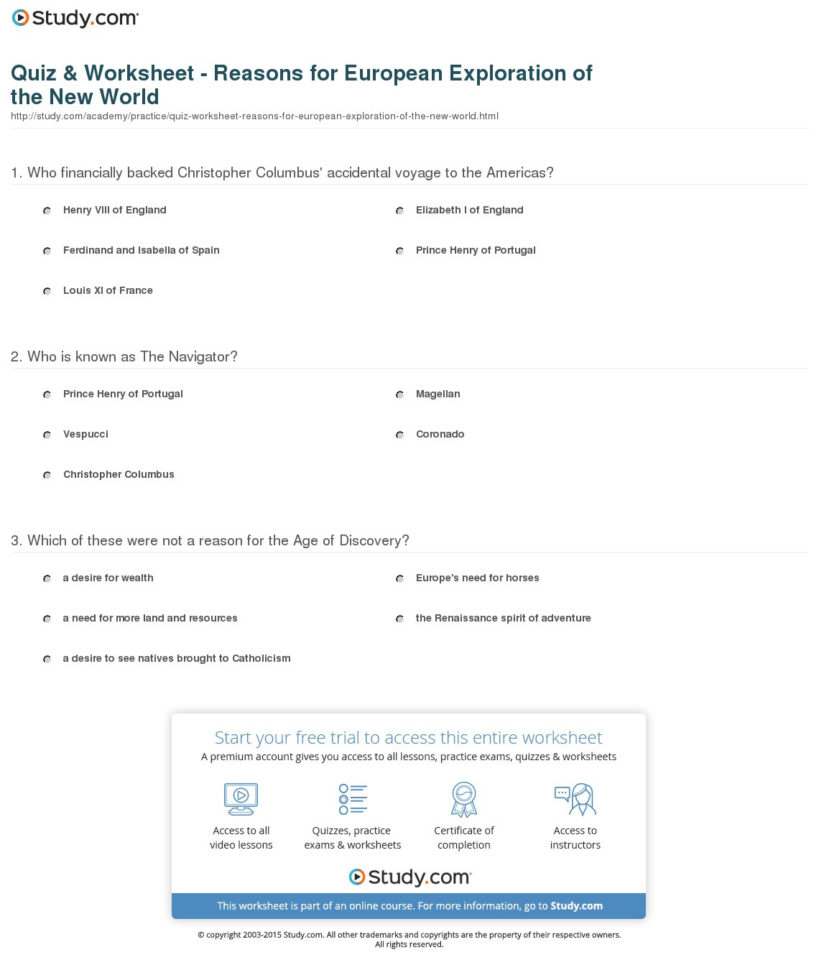 Quiz  Worksheet  Reasons For European Exploration Of The