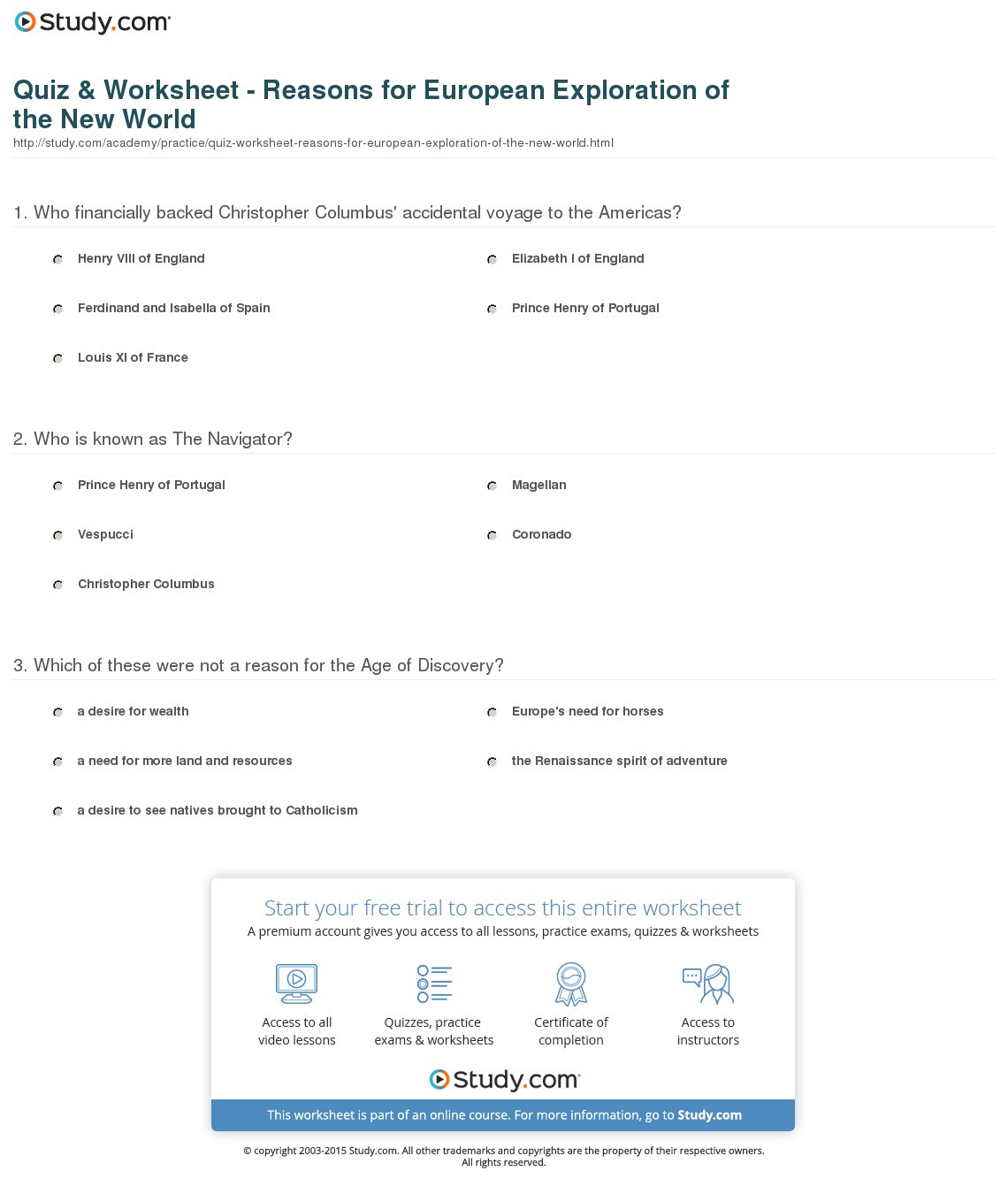 Quiz  Worksheet  Reasons For European Exploration Of The