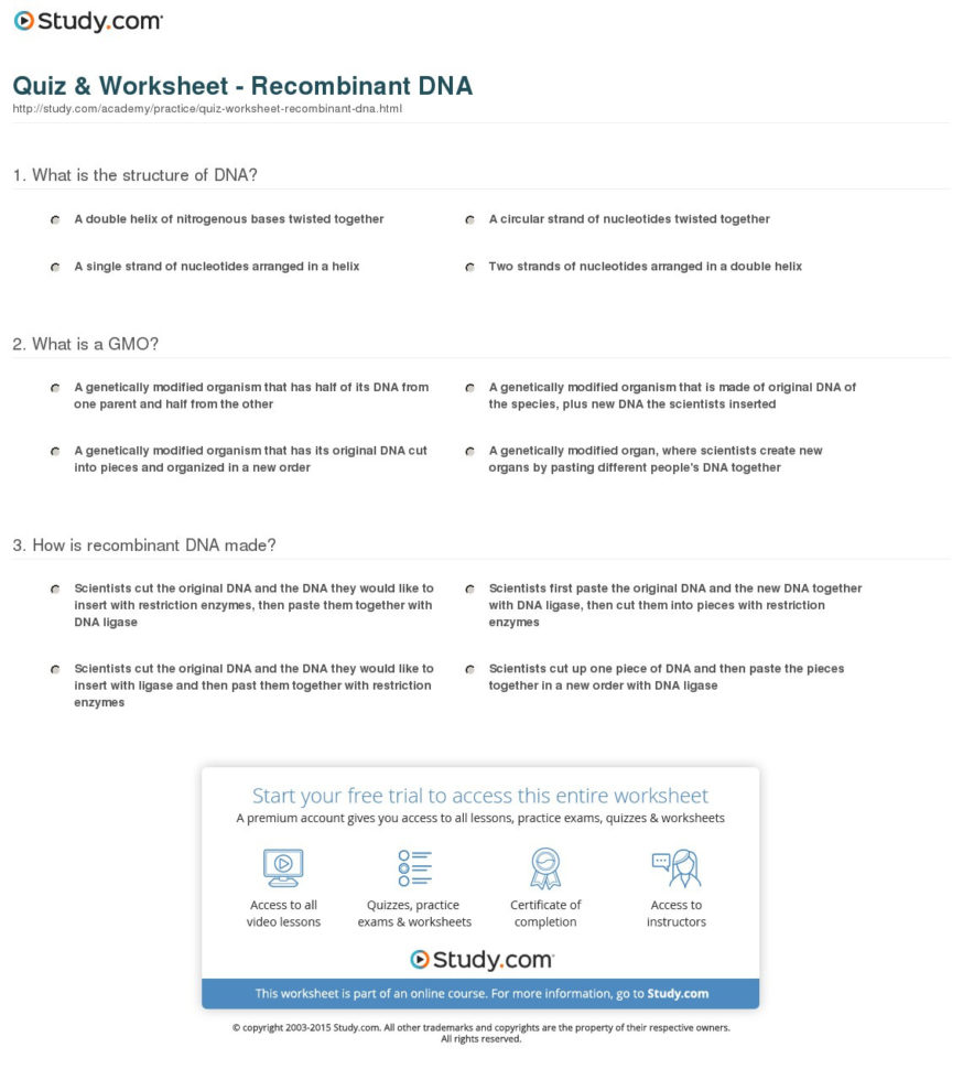 Quiz  Worksheet  Recombinant Dna  Study