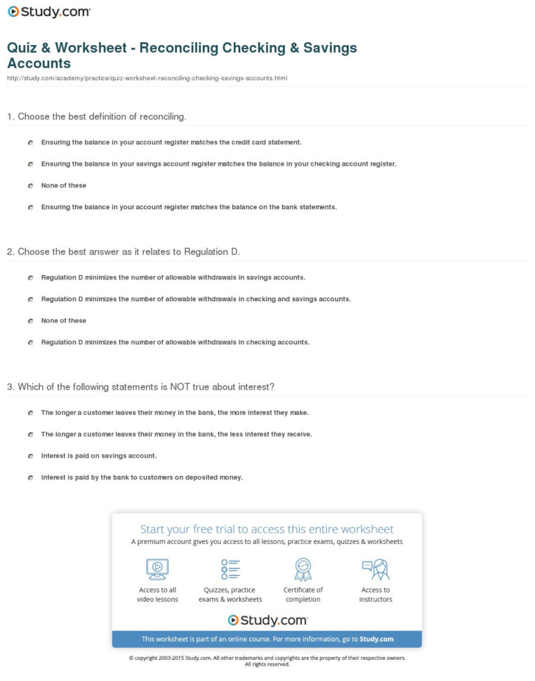 Quiz  Worksheet  Reconciling Checking  Savings Accounts