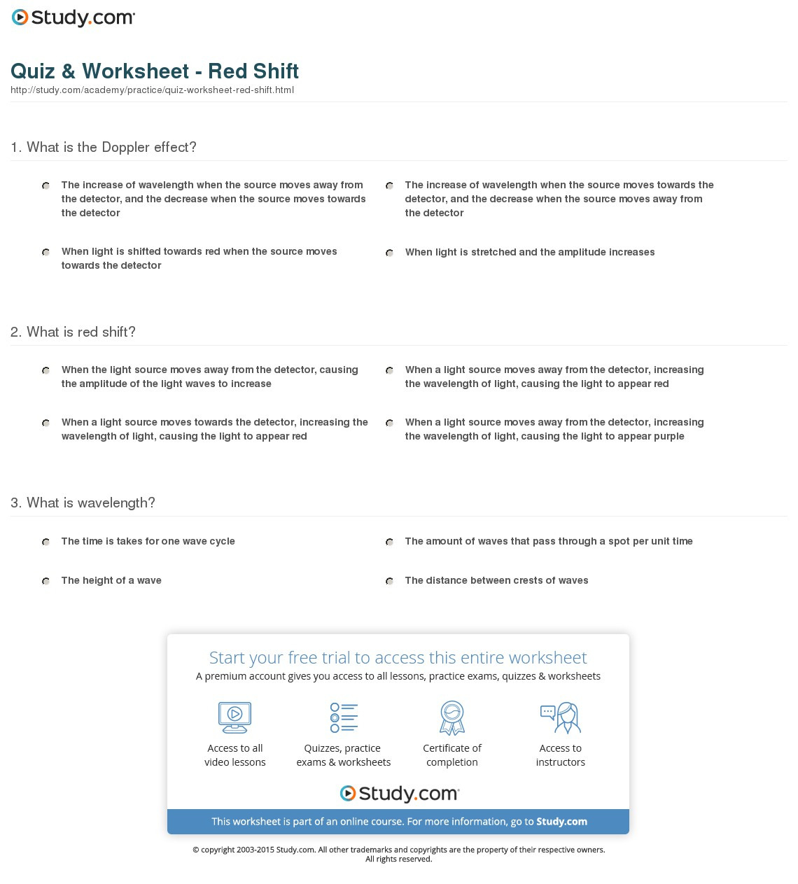 Quiz  Worksheet  Red Shift  Study