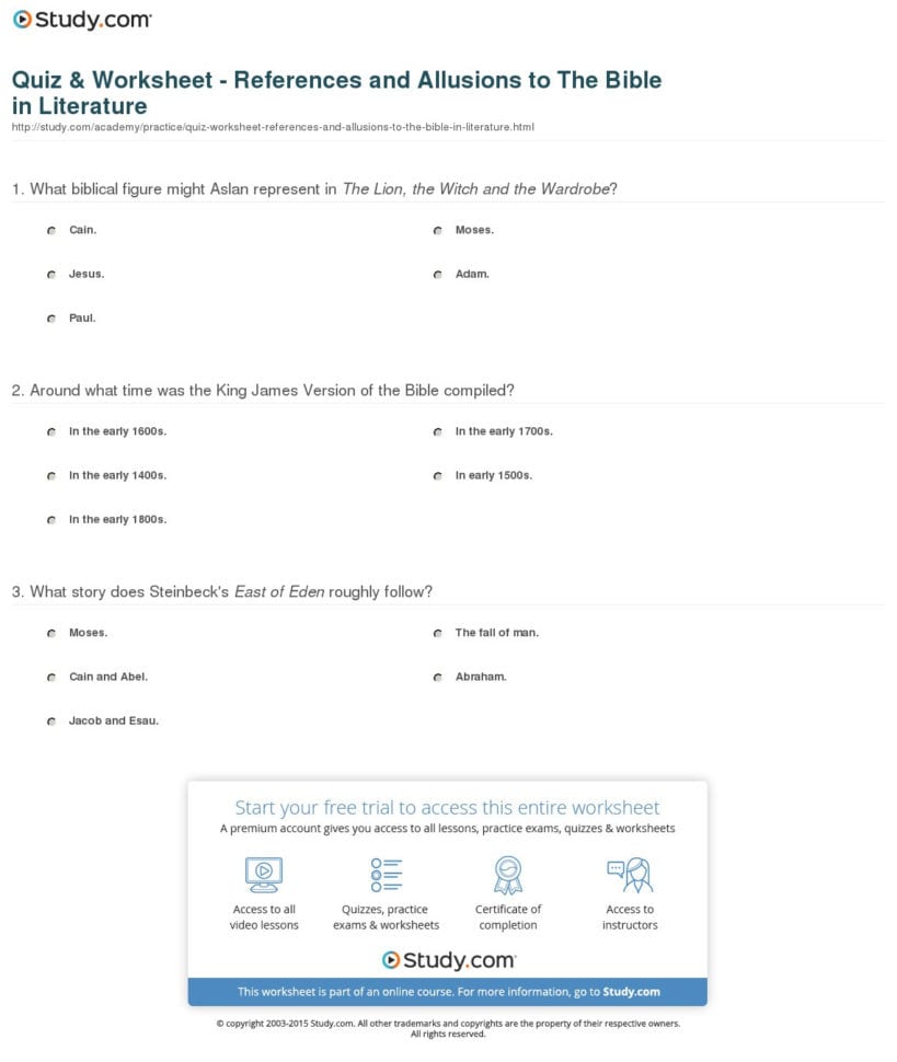 Quiz  Worksheet  References And Allusions To The Bible In