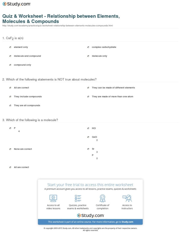 Quiz  Worksheet  Relationship Between Elements Molecules