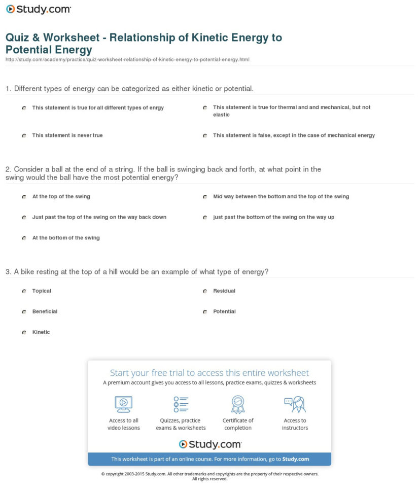 Quiz  Worksheet  Relationship Of Kinetic Energy To