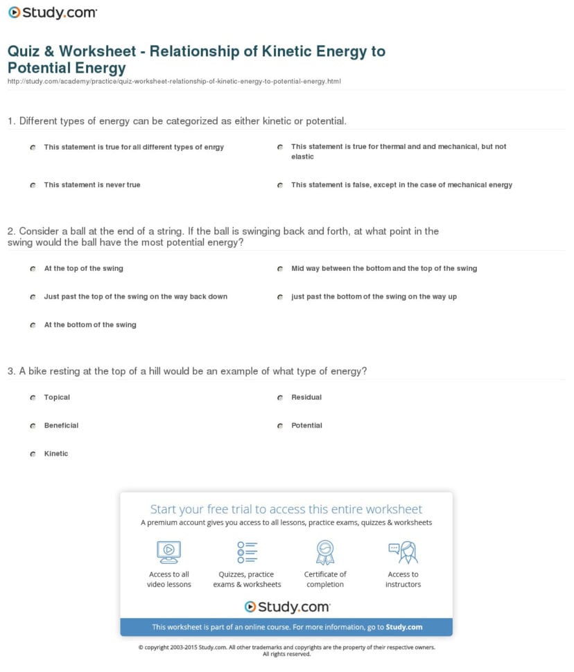 Quiz  Worksheet  Relationship Of Kinetic Energy To