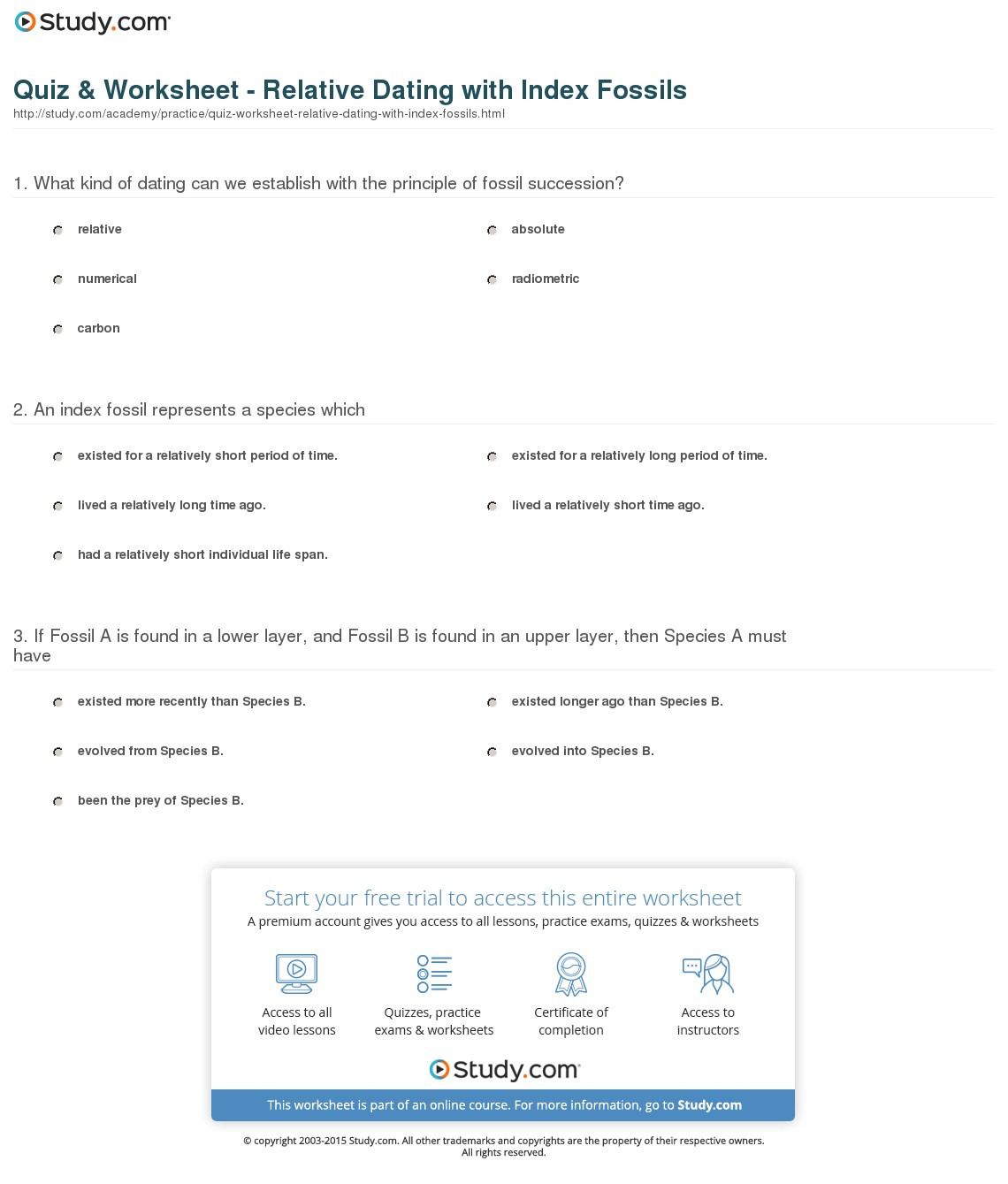 Quiz  Worksheet  Relative Dating With Index Fossils  Study