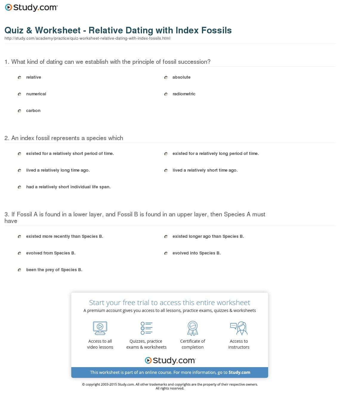 Quiz  Worksheet  Relative Dating With Index Fossils