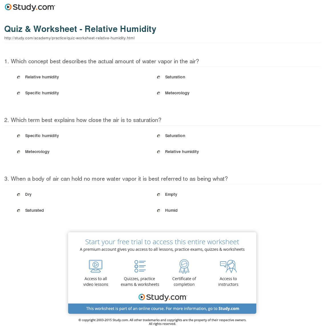 Quiz  Worksheet  Relative Humidity  Study