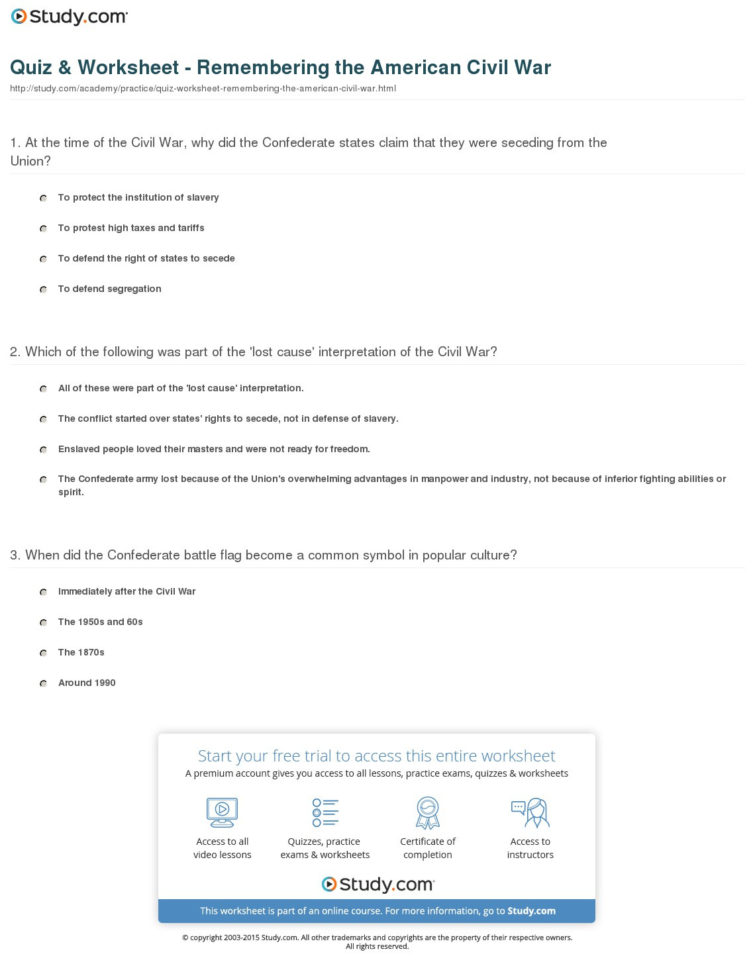 Quiz  Worksheet  Remembering The American Civil R  Study