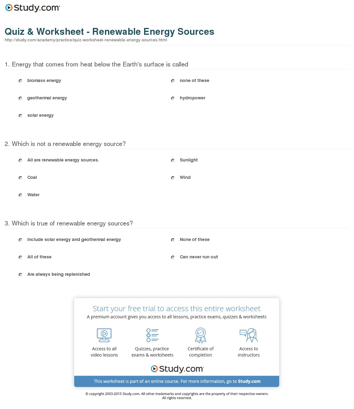 Quiz  Worksheet  Reneble Energy Sources  Study