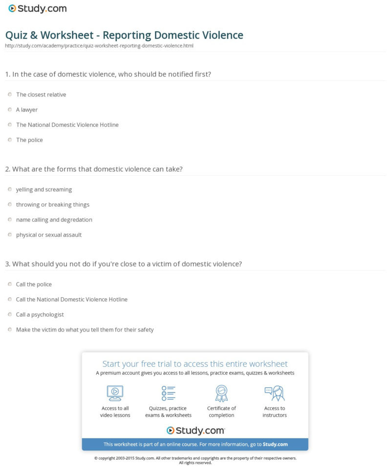 Quiz  Worksheet  Reporting Domestic Violence  Study