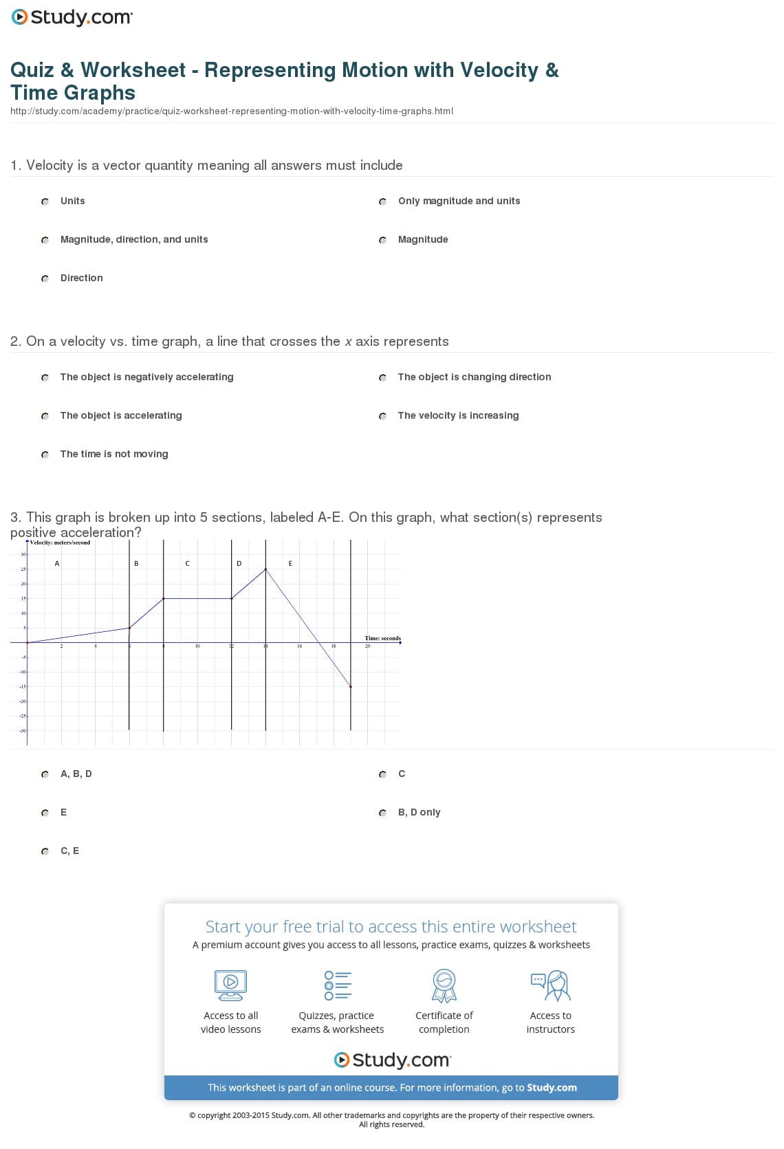 Quiz  Worksheet  Representing Motion With Velocity  Time
