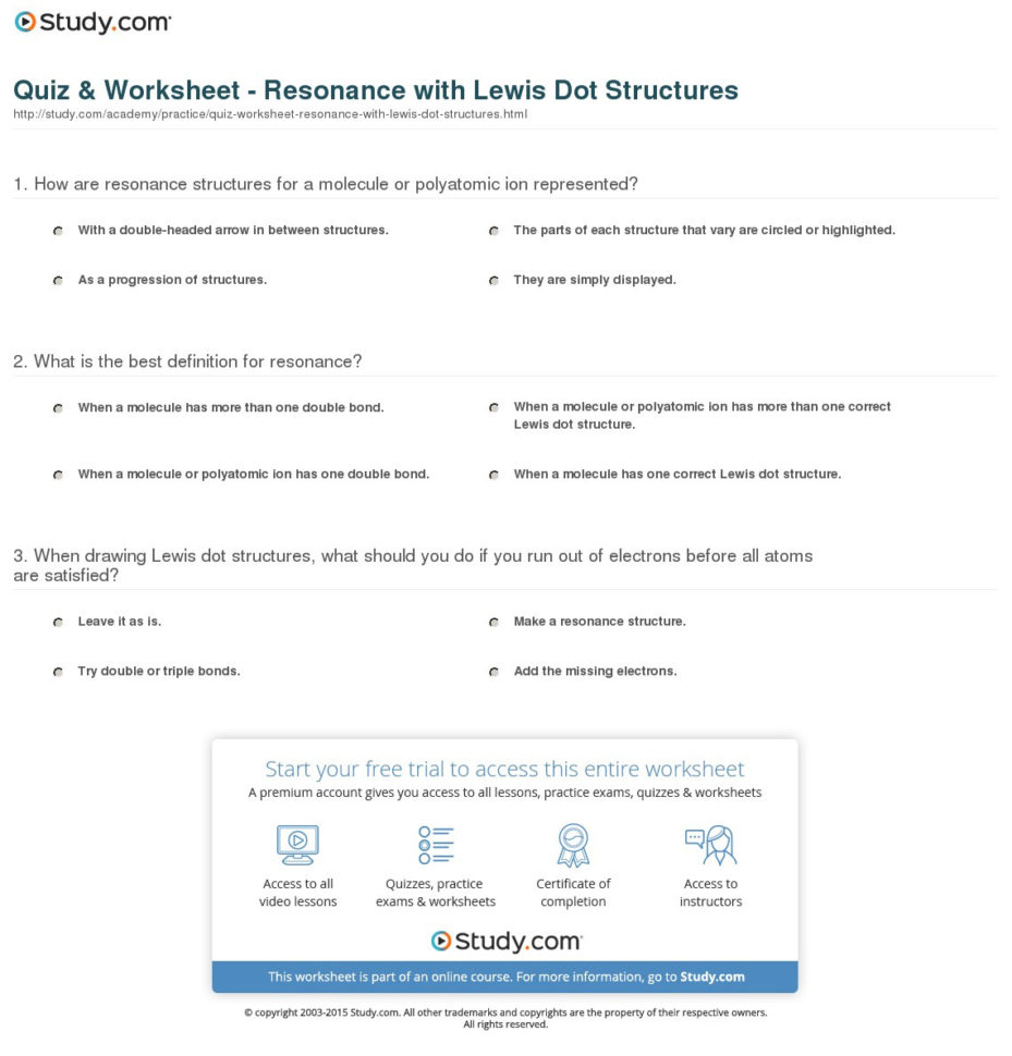 Quiz  Worksheet  Resonance With Lewis Dot Structures