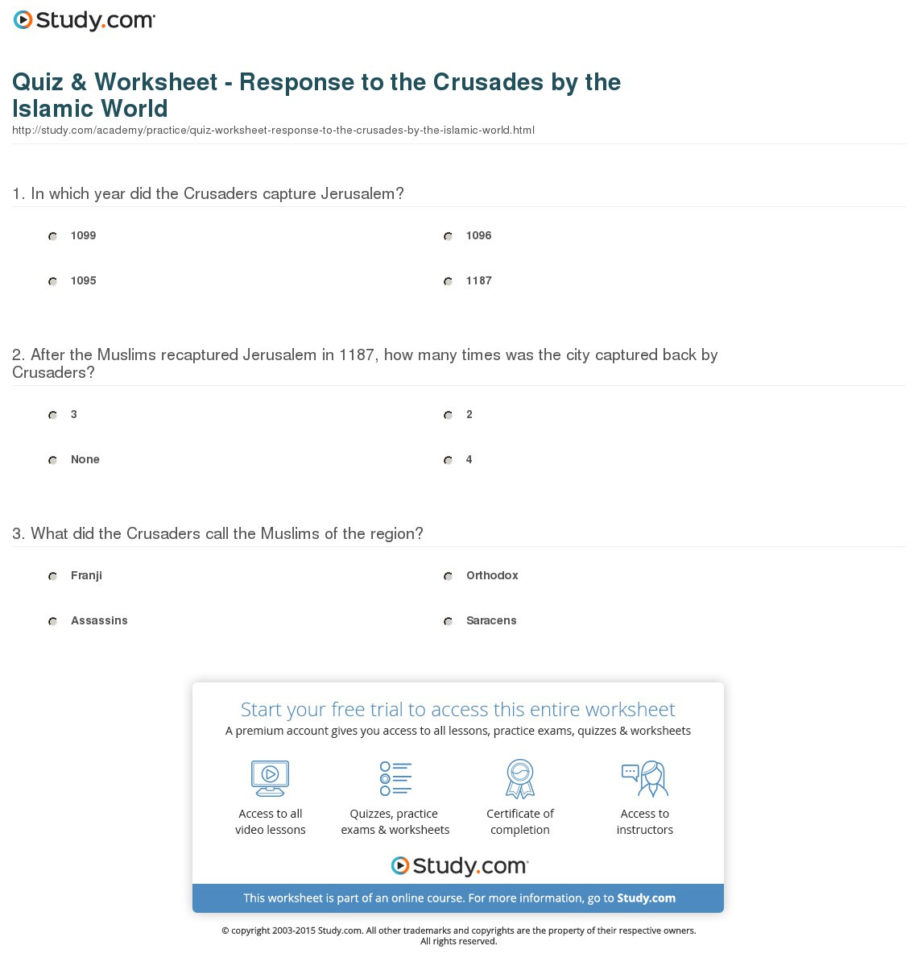 Quiz  Worksheet  Response To The Crusadesthe Islamic World