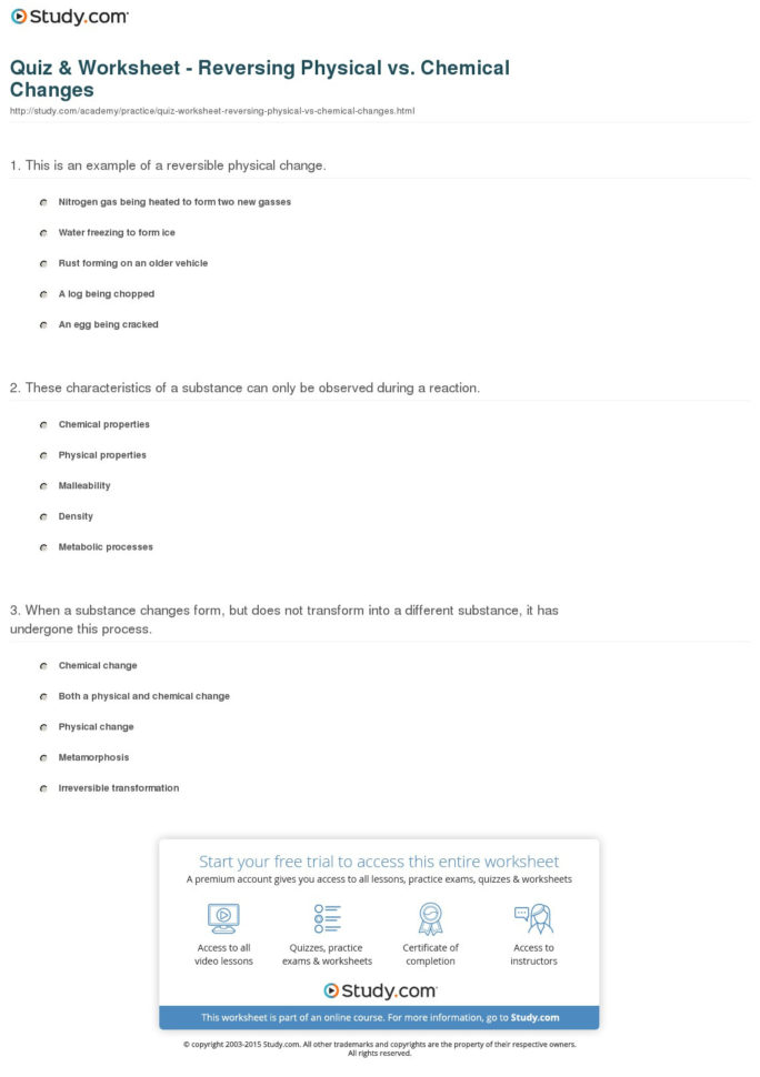Quiz  Worksheet  Reversing Physical Vs Chemical Changes  Study